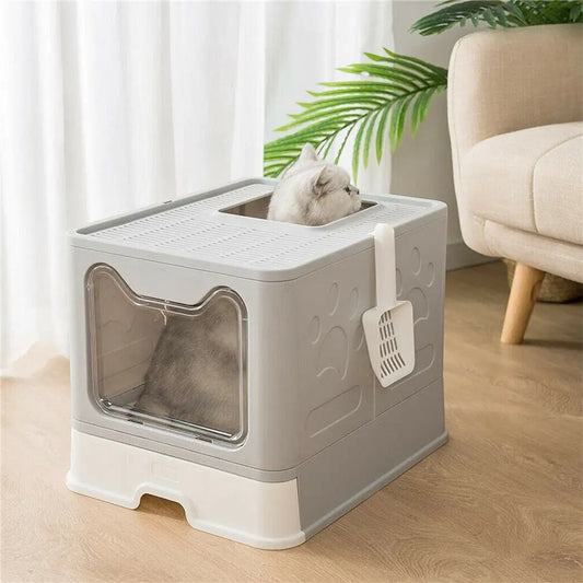 Extra Large Foldable Cat Litter Box - Front Entry, Top Exit, Scoop, and Drawer - Hooded Kitty Pet Toilet