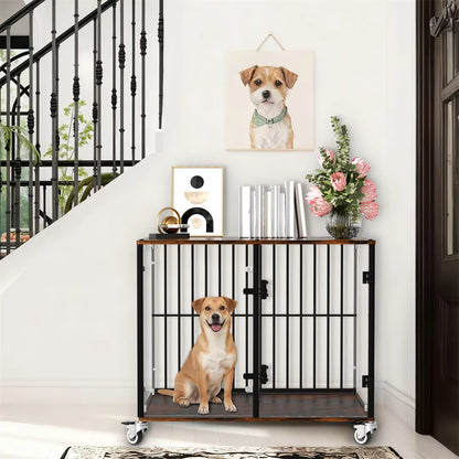Tempered Glass Furniture-Style Dog Crate with Wheels