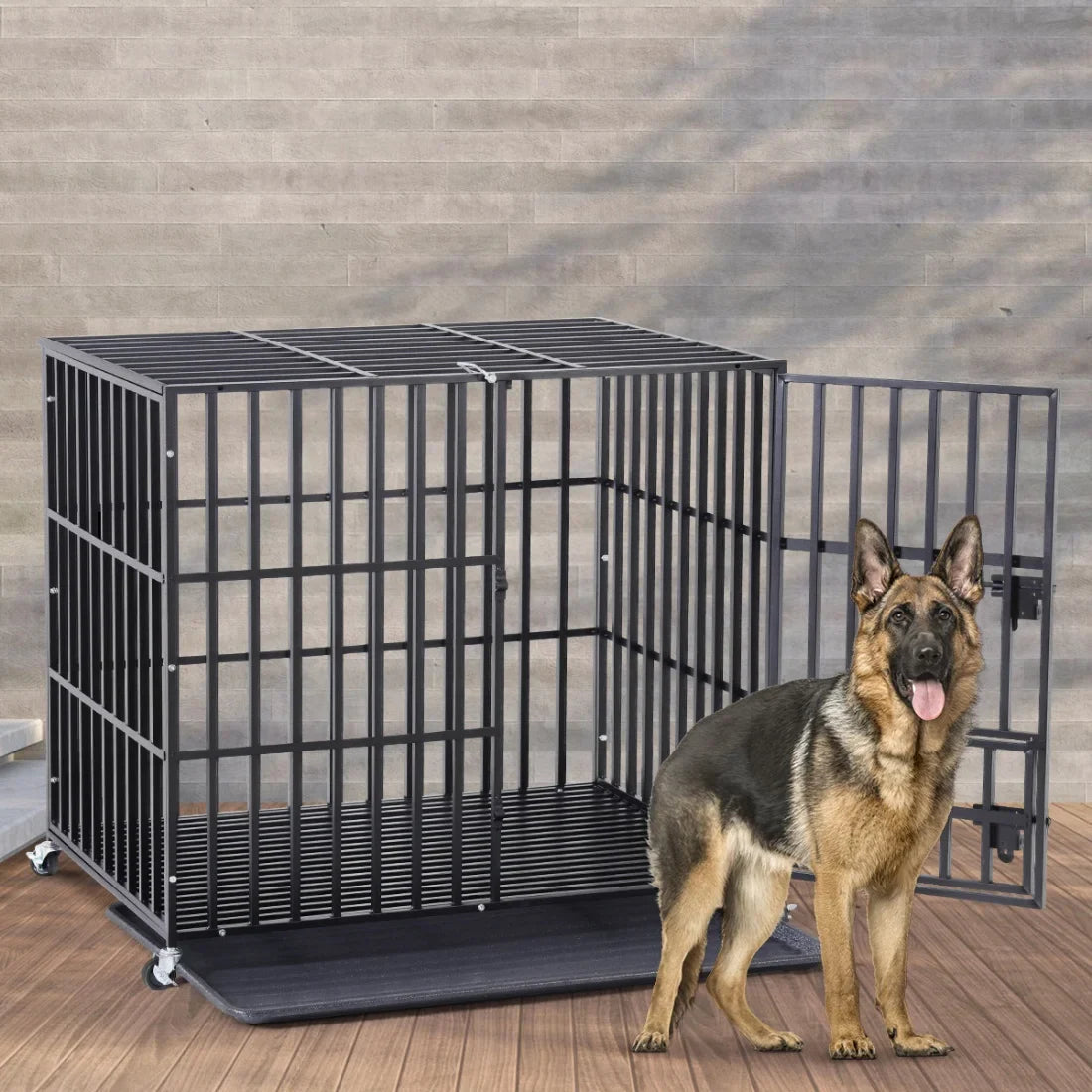 Mobile Heavy Duty Metal Dog Crate - Pet Kennel Playpen with 3 Locking Doors and Bottom Tray