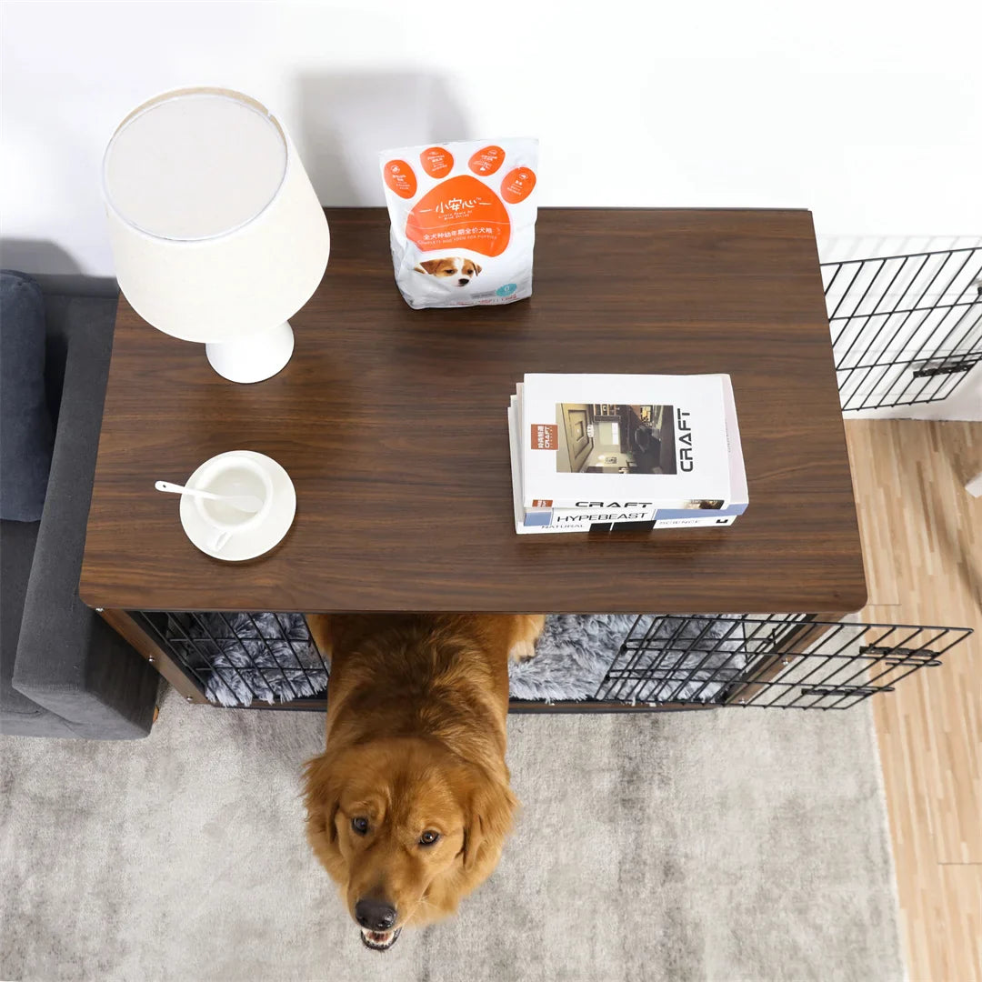 High-End Wooden Dog Crate - Indoor Pet Kennel and End Table, Brown Furniture Style Cage