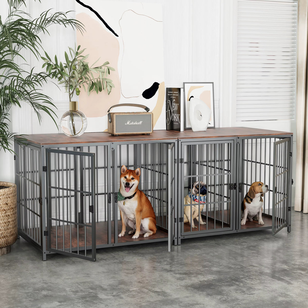 Three-Door Furniture-Style Dog Crate with Removable Tray