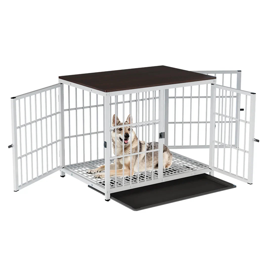 Furniture Style Dog Crate White Pet Kennel Black Cage End Table with Three Doors and Removable Tray, for Smal – interior view