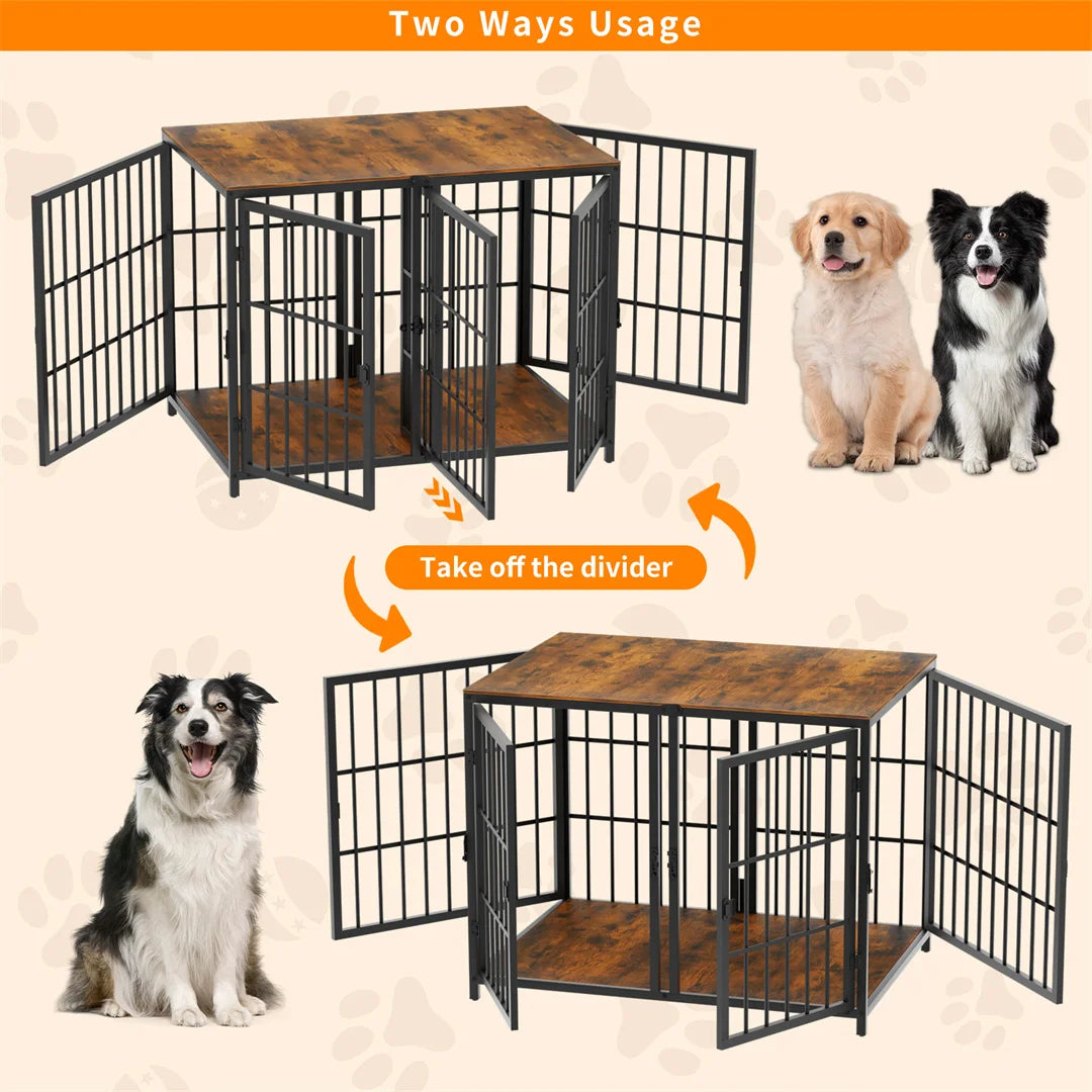 Heavy Duty Furniture Style Dog Crate Side Table with Four Doors and Divider - Indoor Kennel with Unlimited Combination Options for Puppies