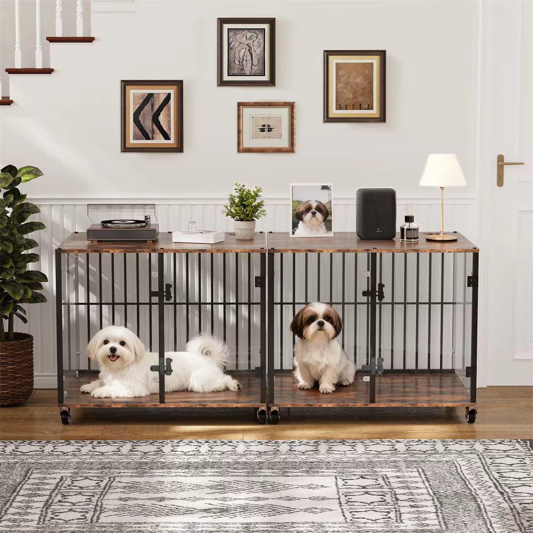 Tempered Glass Furniture-Style Dog Crate with Wheels