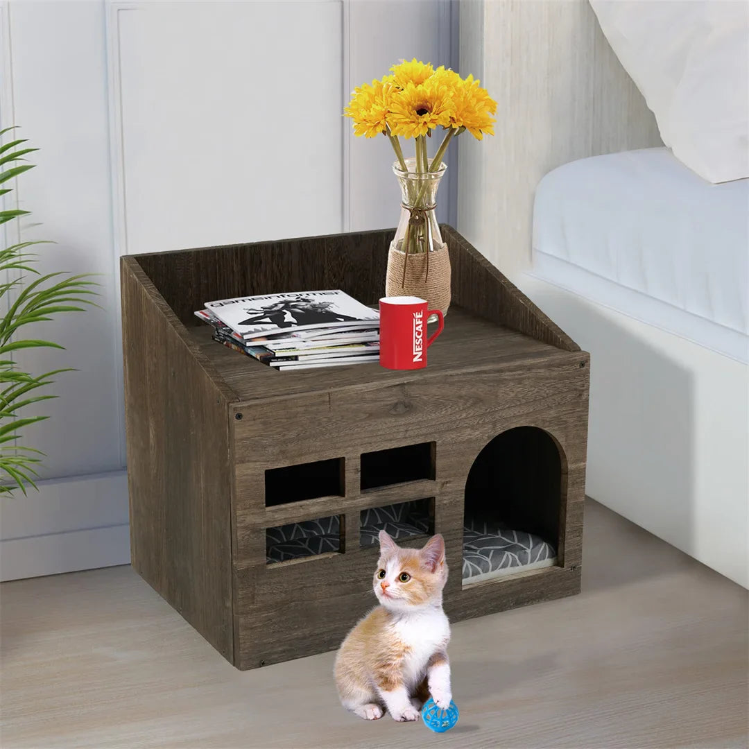 Wooden Cat Cave Bed with Cushion Pad - Indoor Kitten Sleep Lounge and Litter Box Furniture