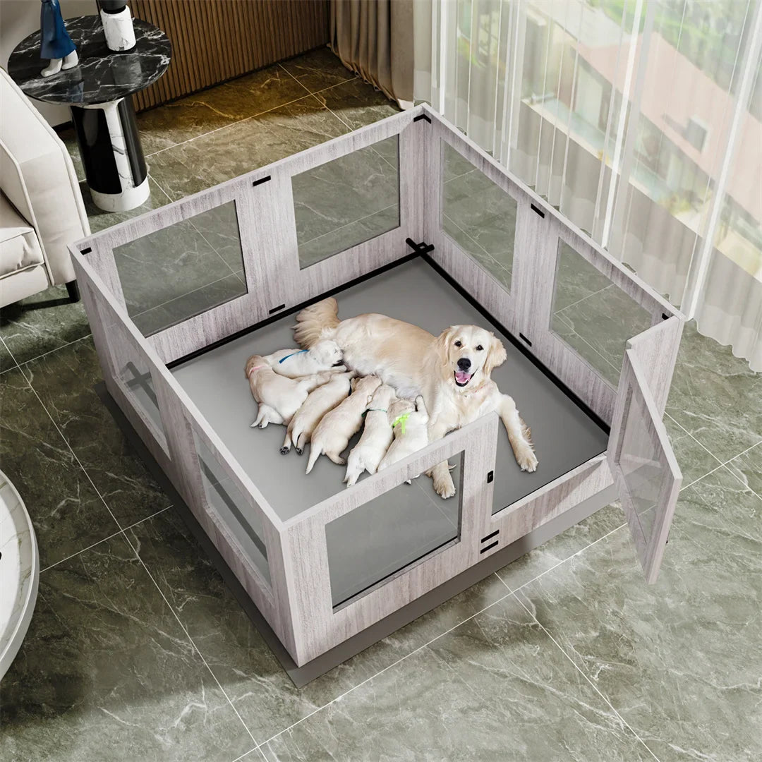 Tempered Glass Pet Whelping Box with Waterproof Pad - Dog Playpen and Exercise Cage for Puppies