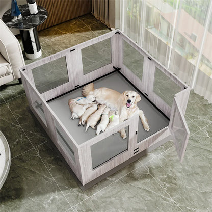 Tempered Glass Pet Whelping Box with Waterproof Pad - Dog Playpen and Exercise Cage for Puppies