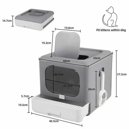 Foldable Enclosed Cat Litter Box with Scoop and Tray - Detachable Sifting Kitten Toilet, Top and Front Entry