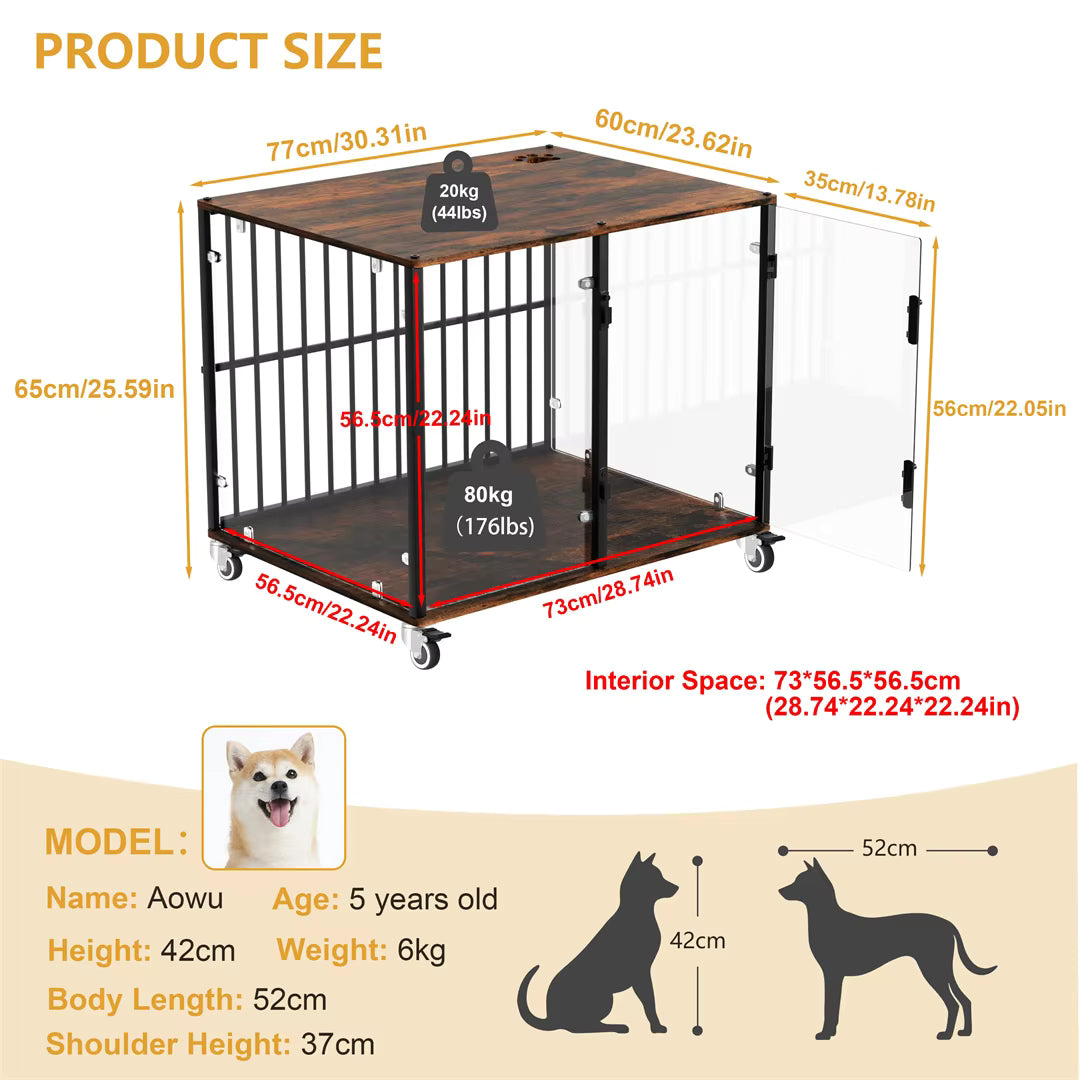 Tempered Glass Furniture-Style Dog Crate with Wheels