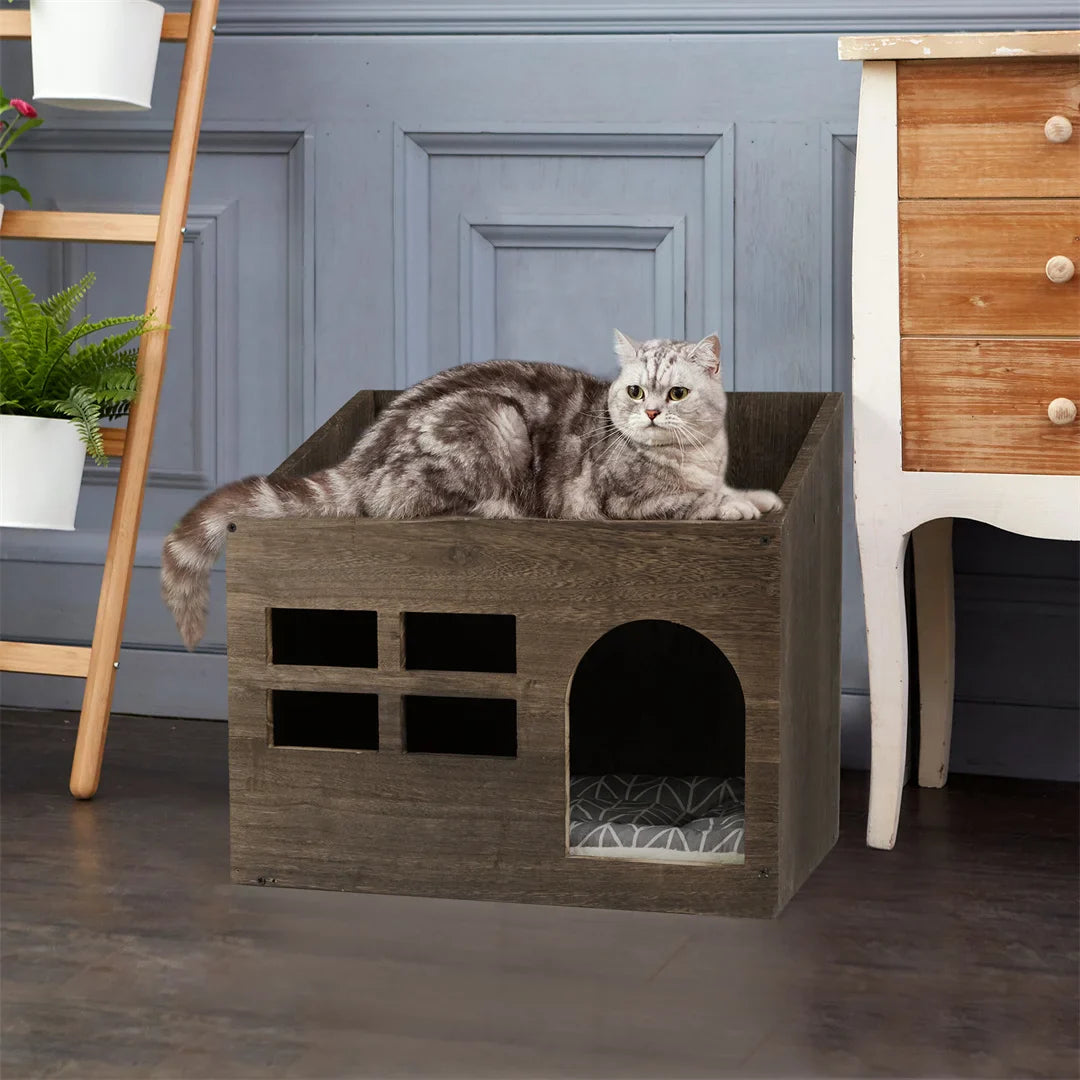 Wooden Cat Cave Bed with Cushion Pad - Indoor Kitten Sleep Lounge and Litter Box Furniture