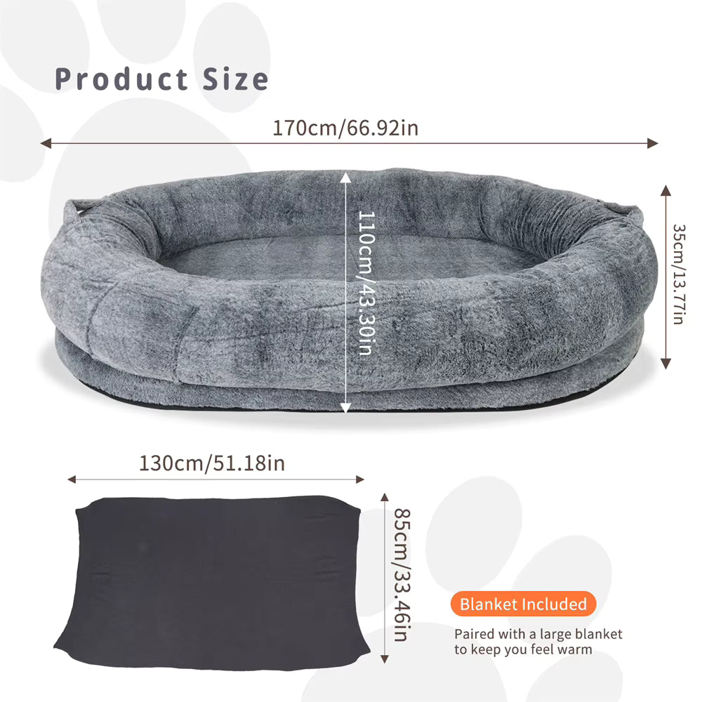 Human Size Large Dog Bed with Detachable Cover and Blanket - 66" (170CM)