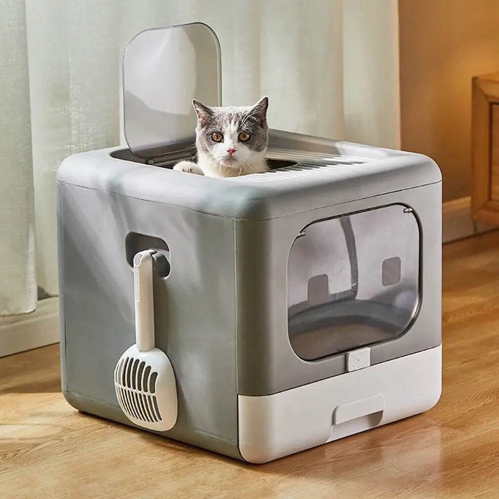 Foldable Enclosed Cat Litter Box with Scoop and Tray - Detachable Sifting Kitten Toilet, Top and Front Entry