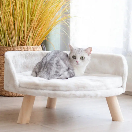 Luxury Soft Plush Cat Bed - Warm Pet Nesting Chair with Wood Legs and Washable Waterproof Cushion for Small Pets