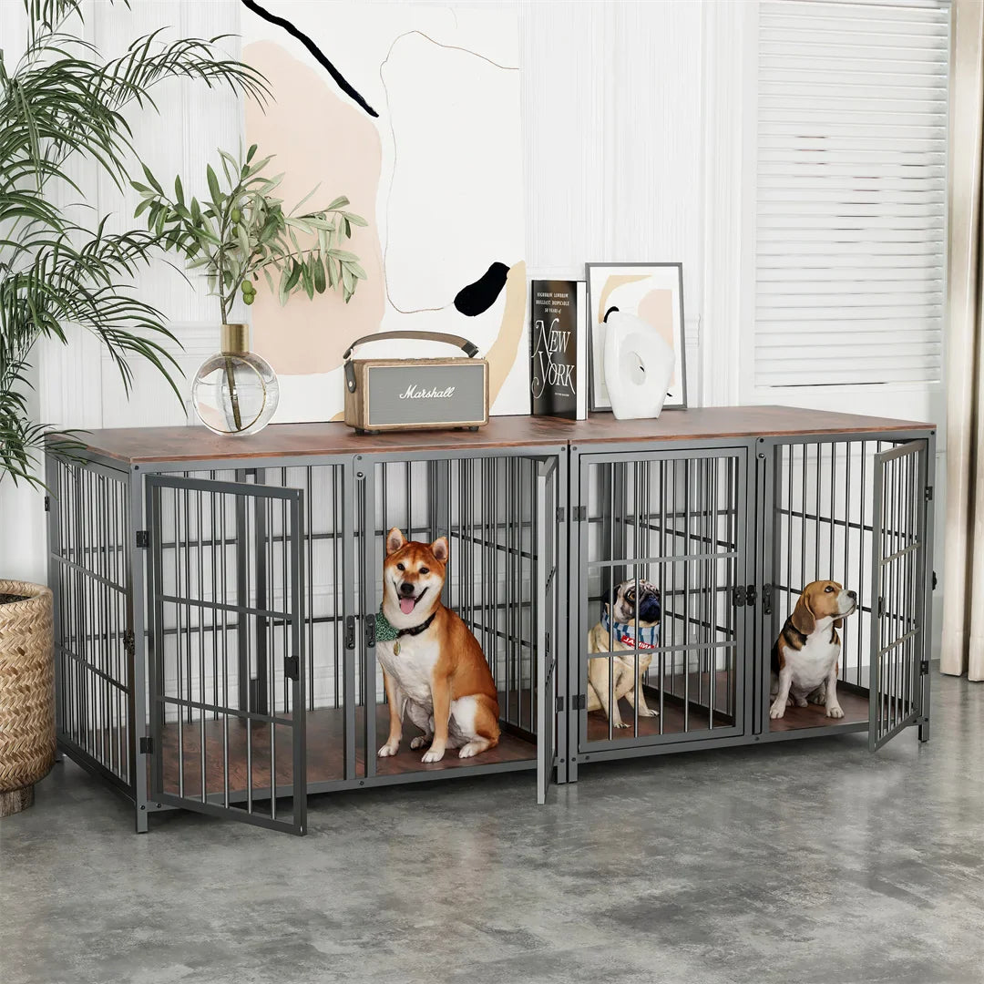 Heavy Duty Furniture Style Dog Crate Side Table with Four Doors and Divider - Indoor Kennel with Unlimited Combination Options for Puppies