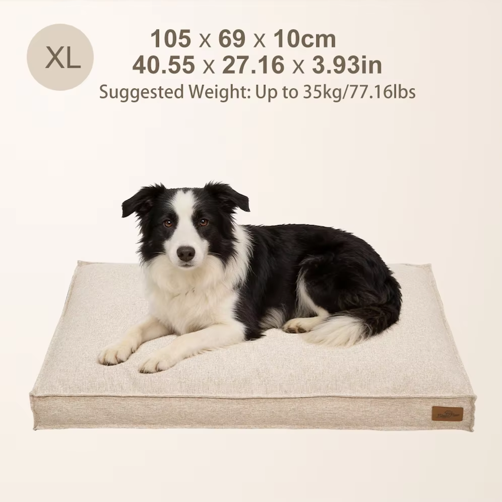 XL beige dog bed with Border Collie, sizing (105x69x10cm), and weight up to 35kg/77.16lbs.