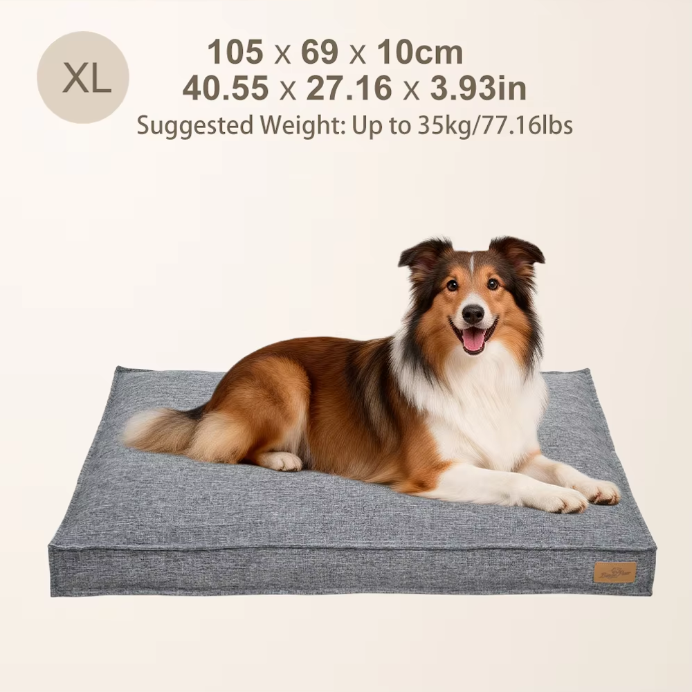 XL gray dog bed with Sheltie, sizing (105x69x10cm), and weight up to 35kg/77.16lbs.