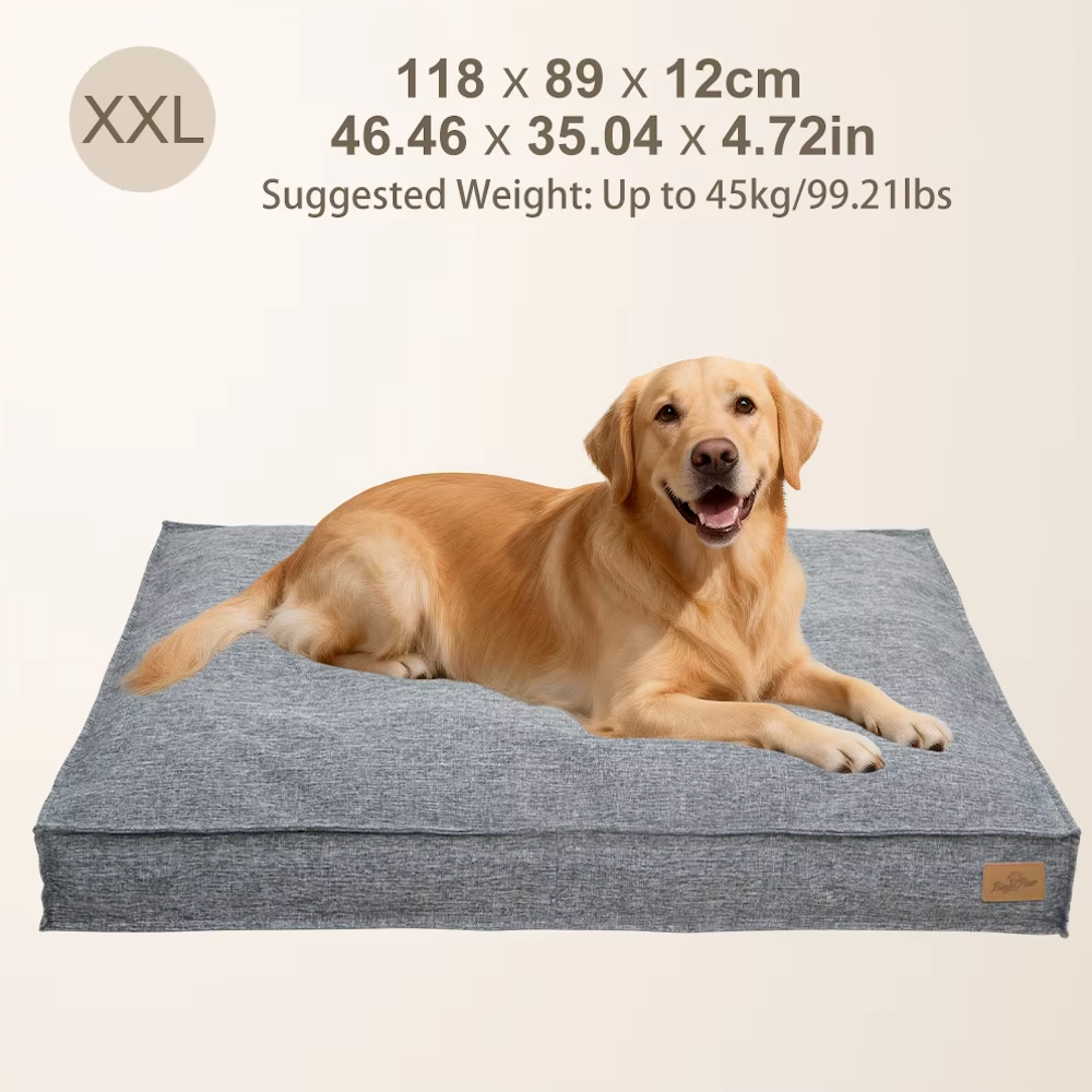 XXL gray dog bed with golden retriever, sizing (118x89x12cm), and weight up to 45kg/99.21lbs.