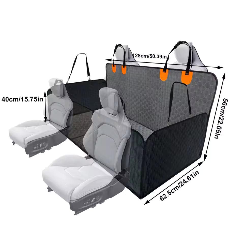 Diagram showing dimensions of the dog car seat cover, indicating a width of 128cm/50.39in and other measurements.