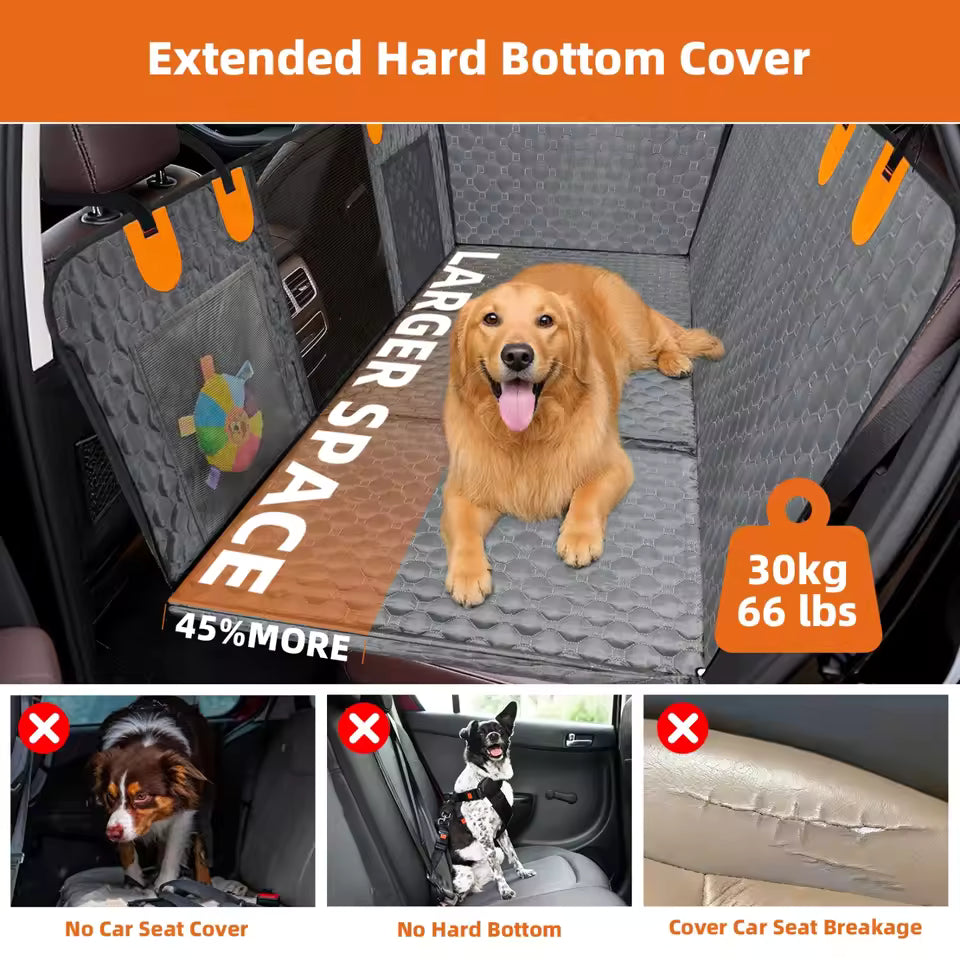 Golden retriever lying on an extended hard-bottom dog car seat cover with 30kg capacity.