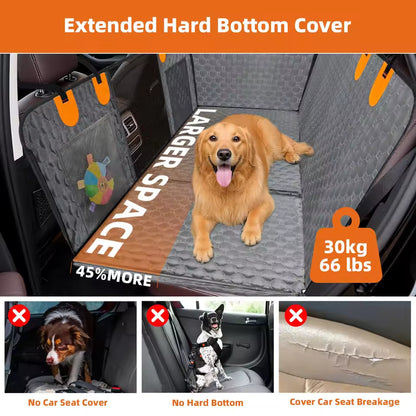 Golden retriever lying on an extended hard-bottom dog car seat cover with 30kg capacity.