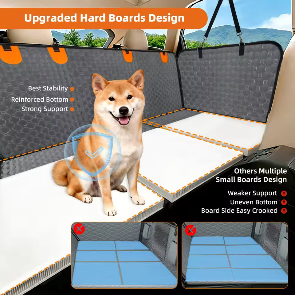 A Shiba Inu sitting on a car seat extender highlighting an upgraded hard board design with strong support.