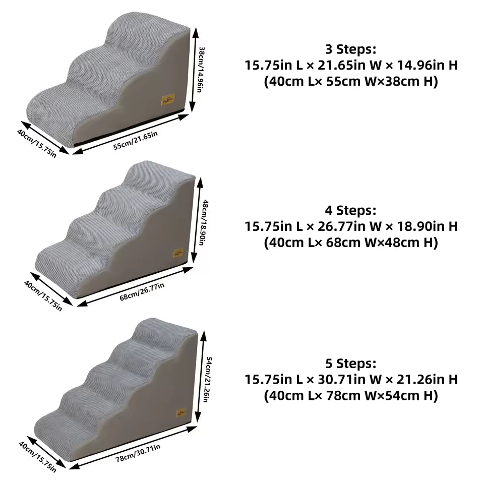 Diagram showing dimensions for 3-step, 4-step, and 5-step gray pet stairs.