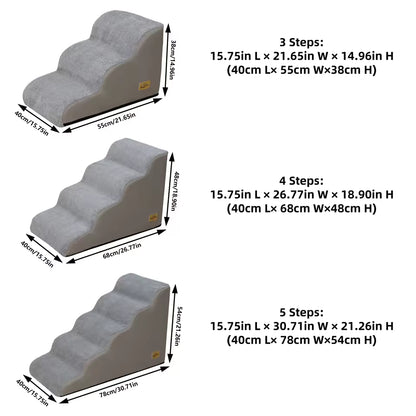 Diagram showing dimensions for 3-step, 4-step, and 5-step gray pet stairs.