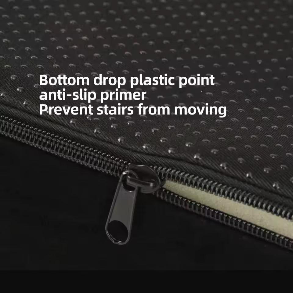 Anti-slip bottom and zipper on gray pet stairs.