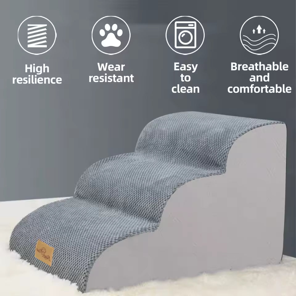Gray pet stairs with icons highlighting resilience, durability, easy cleaning, and comfort.
