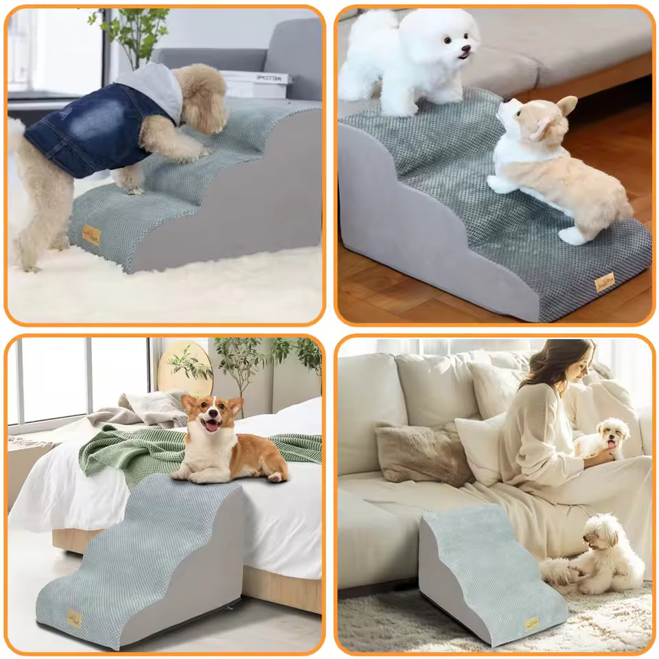 Gray pet stairs used by different dogs on sofas and beds.