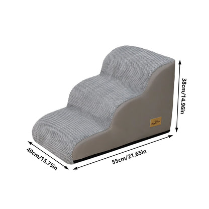3-step gray curved pet stairs measuring 40cm L x 55cm W x 38cm H.