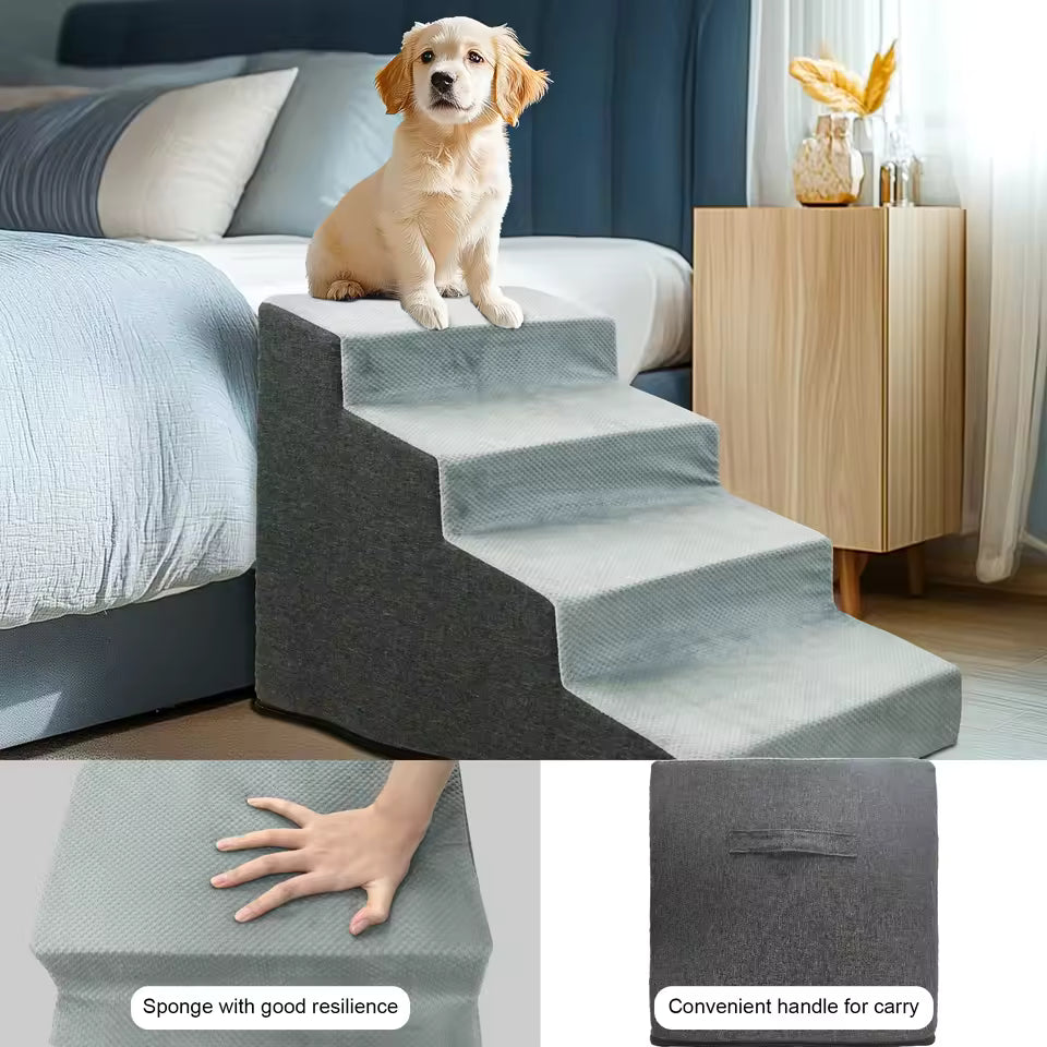 Cute puppy sitting on top of a 4-step grey foam pet staircase next to a bed.