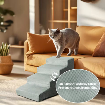 Cat walking up a grey 4-step pet stair made of 3D particle corduroy fabric next to a sofa.