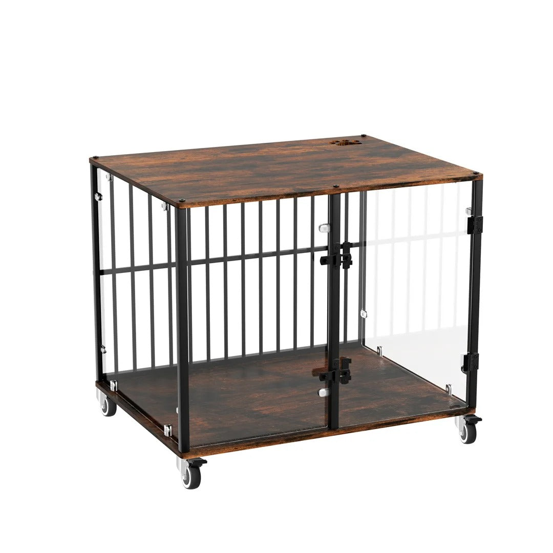 Tempered Glass Furniture-Style Dog Crate with Wheels