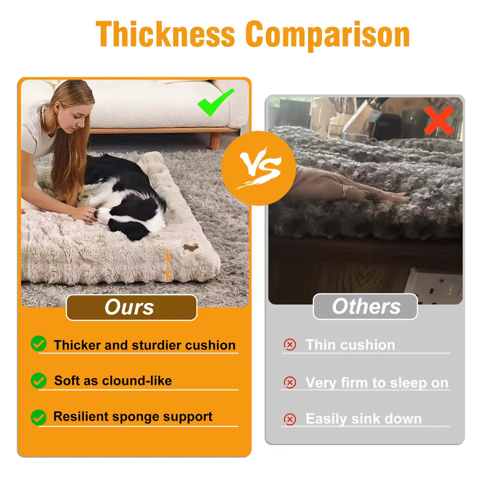 A thickness comparison showing a thick, plush dog bed labeled "Ours" next to a thin bed labeled "Others".