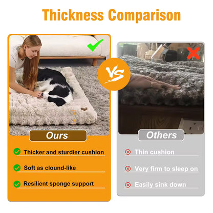 A thickness comparison showing a thick, plush dog bed labeled "Ours" next to a thin bed labeled "Others".