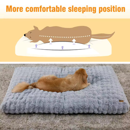 A diagram and photo showing a dog resting comfortably on a plush, supporting gray dog bed.