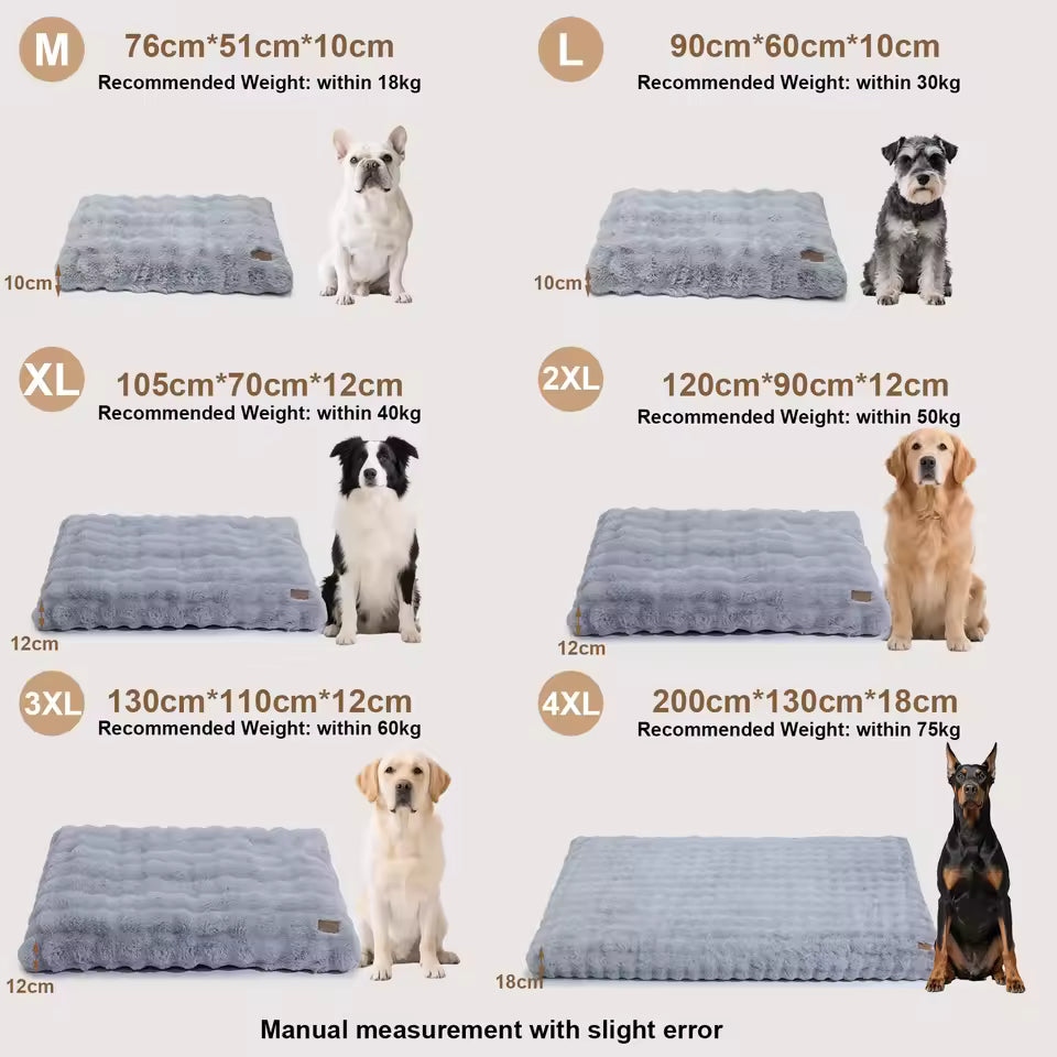 Size chart showing dimensions and weight limits for dog beds from M to 4XL.