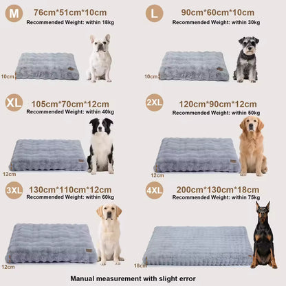 Size chart showing dimensions and weight limits for dog beds from M to 4XL.