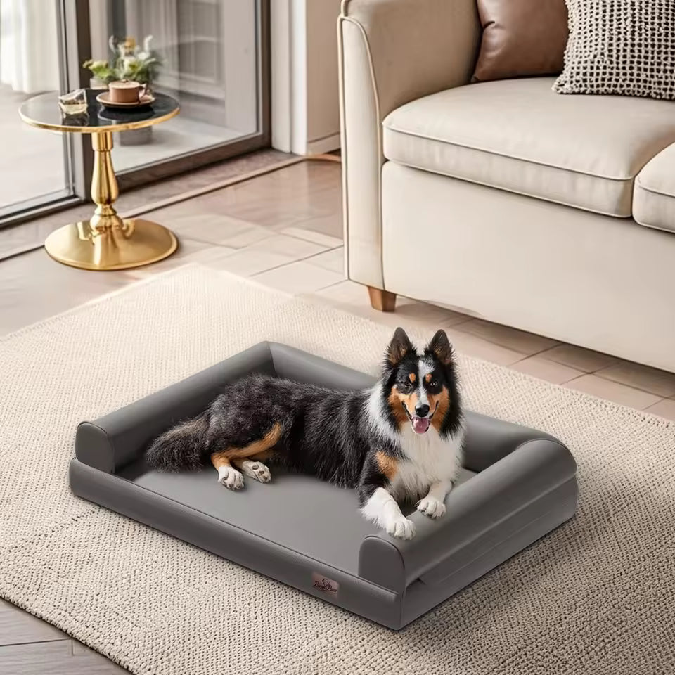 A fluffy tricolor dog relaxing on a grey orthopedic bolster bed inside a bright living room.