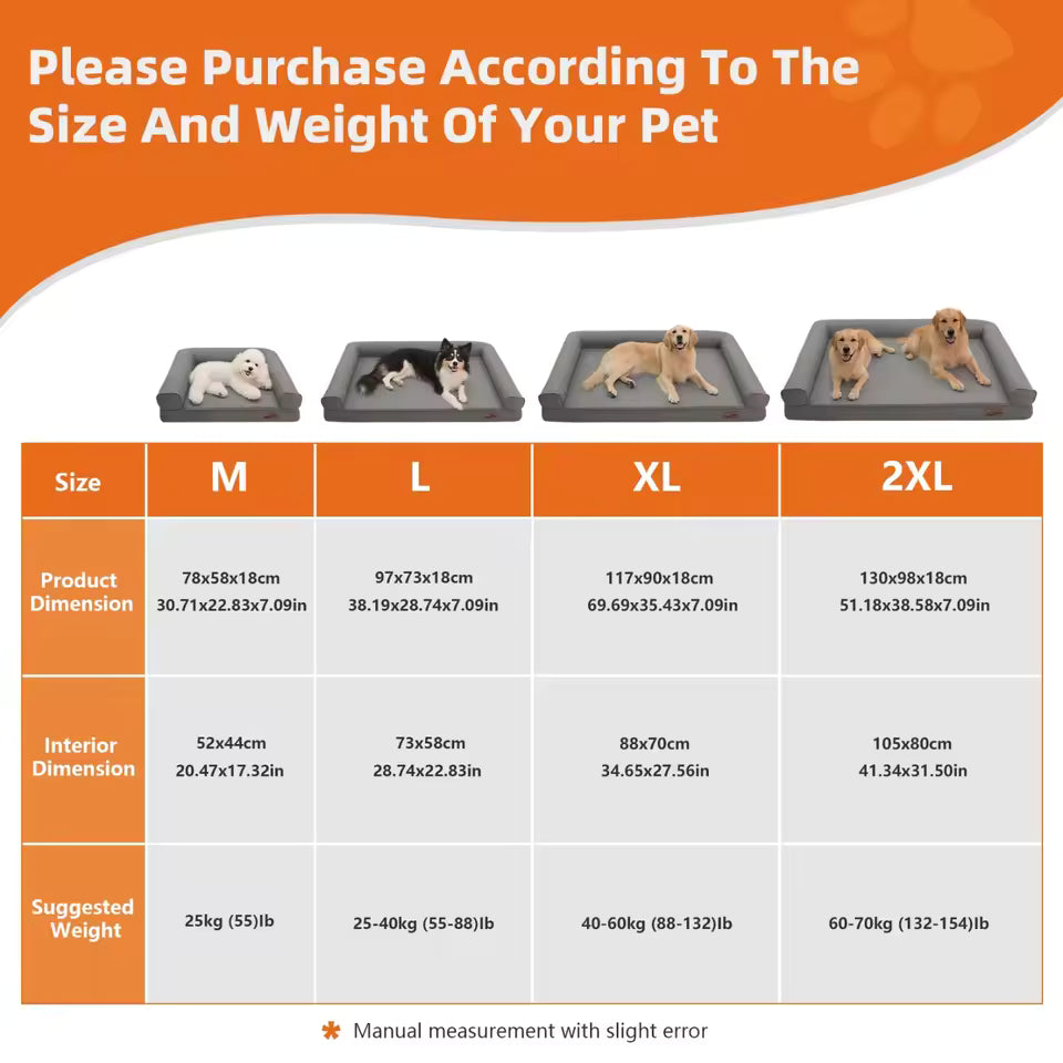 Chart showing sizes (M, L, XL, 2XL), dimensions, and suggested pet weights for the dog bed.