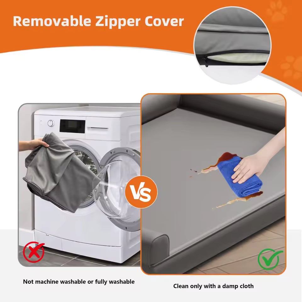 Removable zipper cover with a note stating it is not machine washable, requiring cleaning with a damp cloth only.