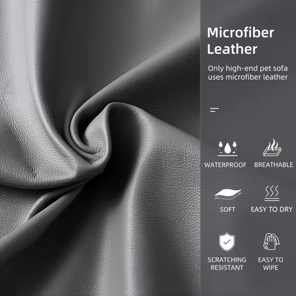 Close-up of grey microfiber leather highlighting waterproof, breathable, and scratch-resistant features.