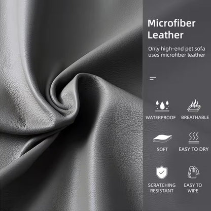 Close-up of grey microfiber leather highlighting waterproof, breathable, and scratch-resistant features.