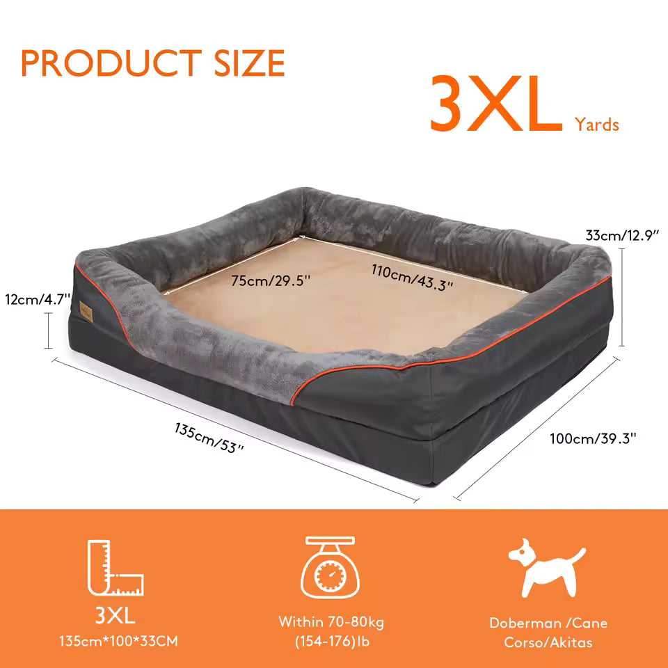 Product size chart for 3XL dog bed showing 135x100x33cm dimensions for dogs 70-80kg.