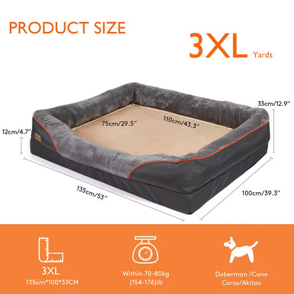 Product size chart for 3XL dog bed showing 135x100x33cm dimensions for dogs 70-80kg.