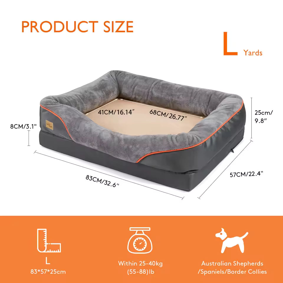 Product size chart for large dog bed showing 83x57x25cm dimensions for dogs 25-40kg.