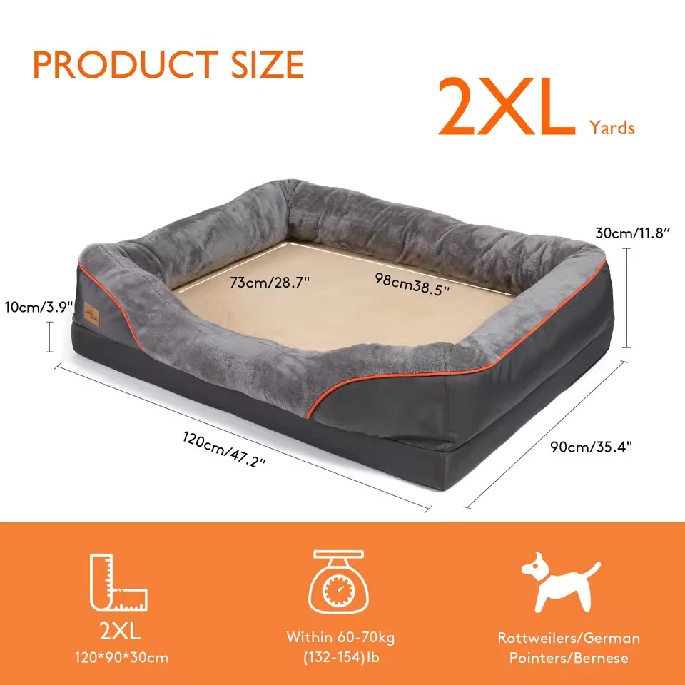 Product size chart for 2XL dog bed showing 120x90x30cm dimensions for dogs 60-70kg.