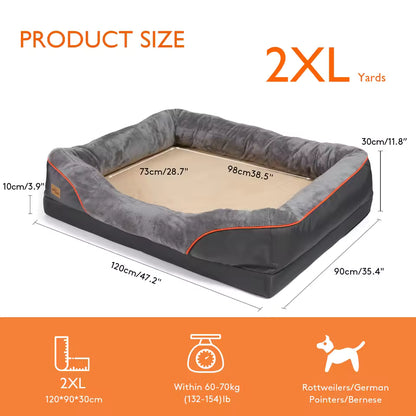 Product size chart for 2XL dog bed showing 120x90x30cm dimensions for dogs 60-70kg.