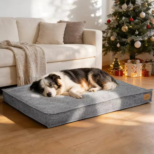 A border collie rests on a gray rectangular dog bed next to a white sofa and Christmas tree.